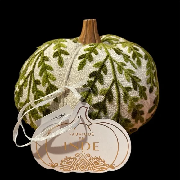 Embroidered Small Green and White Fabric Pumpkin - Picture 3 of 10